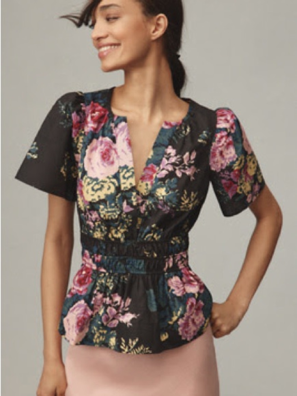 Anthropologie Black Floral Peplum Blouse with Pink and Gold Accents